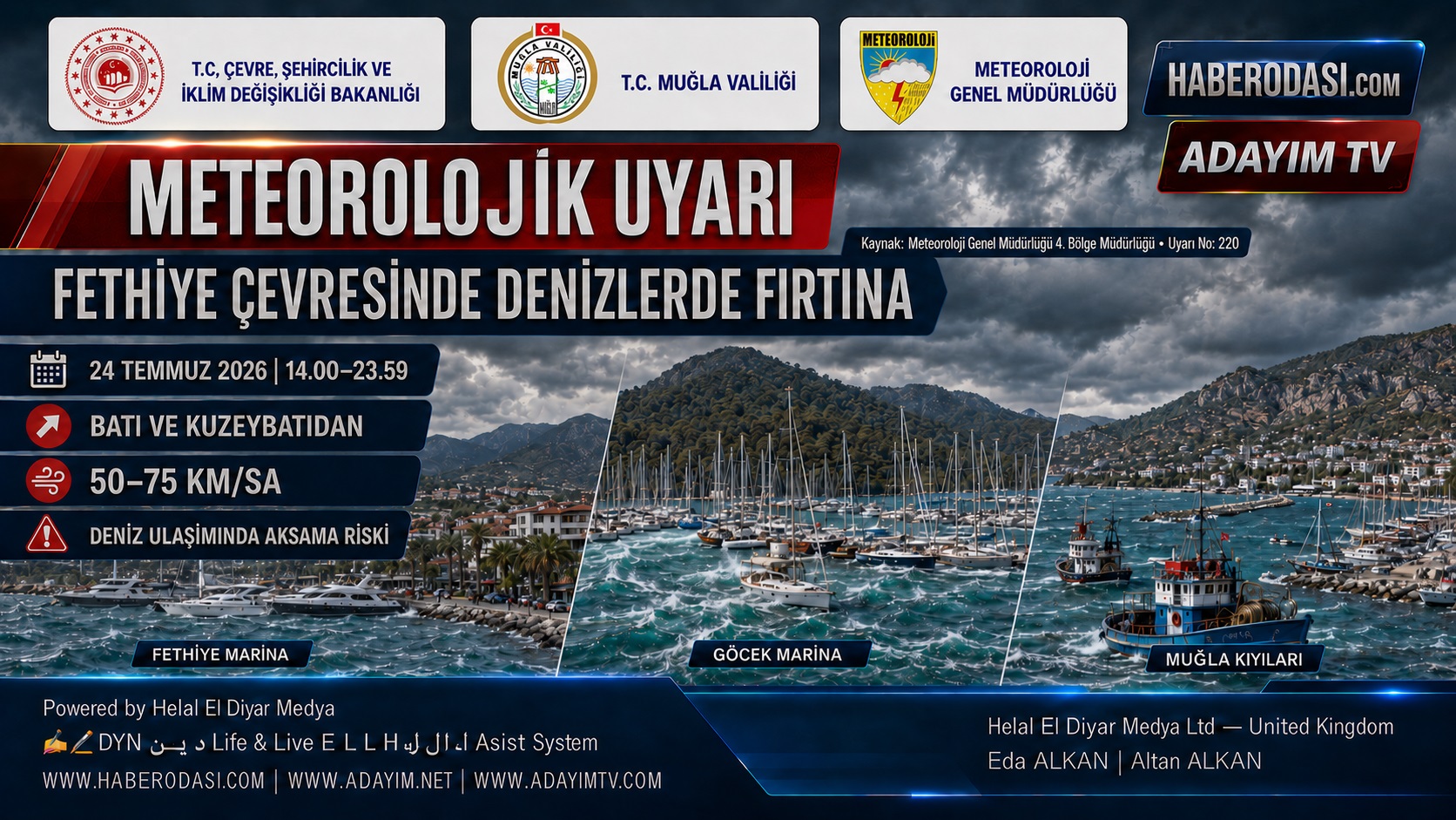 MUĞLA GÖCEK ,  BODRUM ve  FETHİYE’DE DENİZLERDE FIRTINA UYARISI • 24 TEMMUZ 14.00–23.59 • RÜZGÂR 50–75 KM/SA • DENİZ ULAŞIMINDA AKSAMA RİSKİ